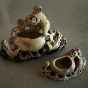 Antique Chinese Shoushan Soapstone Carvings Ink Pot Monkey Bird Sculpture